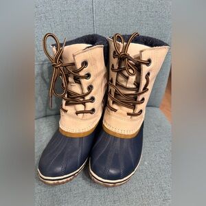 SOREL Slimpack Lace II WP Insulated Boot, Sz 7 Oatmeal/Collegiate Navy Women’s